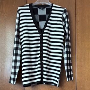 Rondina New York Black and Ivory Striped Sweater, Buffalo Plaid Sleeves & Back M